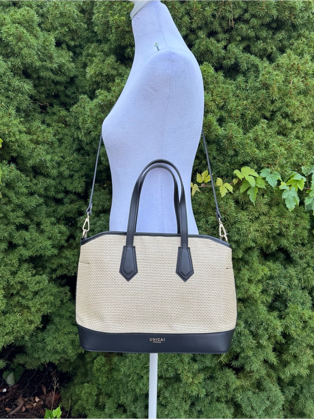 Unicai Woven Straw Tote with Black Leather Trim